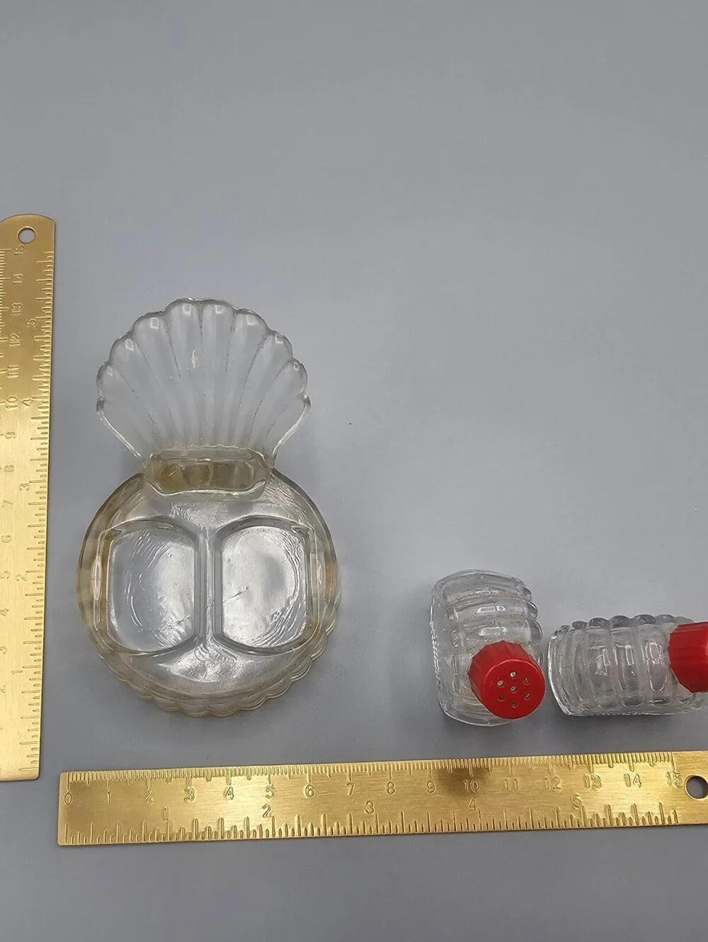 Vintage Glass Shell Shaped Salt and Pepper Shakers with Holder